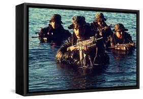US Navy SEAL Team Emerges from Water During Warfare Training, Dec. 1, 1986-null-Framed Stretched Canvas
