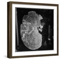 US Navy Technician Marking Radar Data on Chart, Tracking Enemy Japanese Ships in WWII Pacific-null-Framed Photographic Print