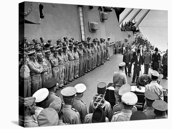 US Officers Line Deck of USS Missouri as Japanese Delegation Prepares to Sign Surrender Documents-Carl Mydans-Stretched Canvas
