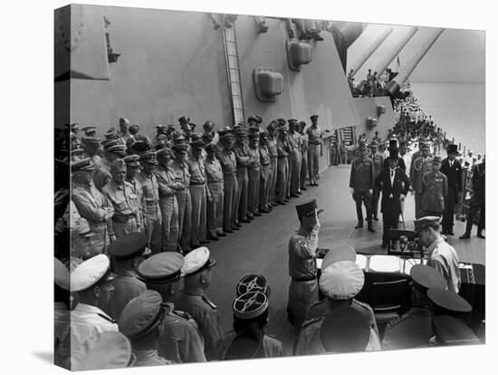 US Officers Line Deck of USS Missouri as Japanese Delegation Prepares to Sign Surrender Documents-Carl Mydans-Stretched Canvas