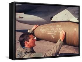 US Operation Desert Storm F-16 Fighter Crewman Adding 5th Exclamation Point to Chalk-Drawn Message-Dennis Brack-Framed Stretched Canvas