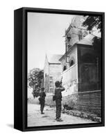 Us Paratrooper Fires into Church Steeple at Sainte Mere Eglise to Clear Enemy Sniper, 6th June 1944-null-Framed Stretched Canvas