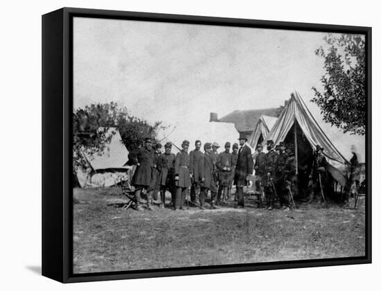 US Pres. Abraham Lincoln Standing on Campsite with Group of Federal Officers on Battlefield-Alexander Gardner-Framed Stretched Canvas