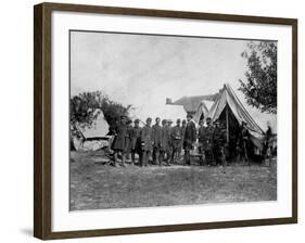 US Pres. Abraham Lincoln Standing on Campsite with Group of Federal Officers on Battlefield-Alexander Gardner-Framed Photographic Print