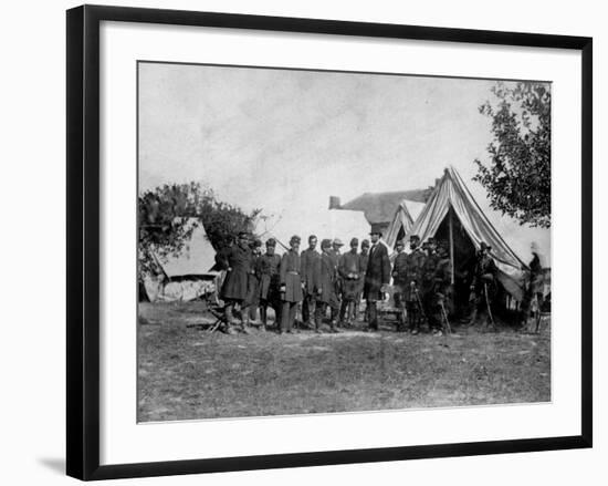 US Pres. Abraham Lincoln Standing on Campsite with Group of Federal Officers on Battlefield-Alexander Gardner-Framed Photographic Print