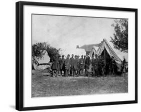 US Pres. Abraham Lincoln Standing on Campsite with Group of Federal Officers on Battlefield-Alexander Gardner-Framed Photographic Print