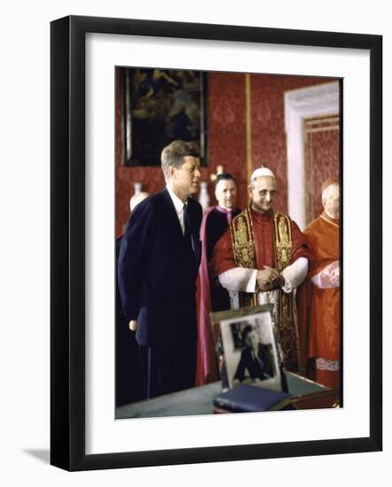 US Pres. Kennedy Meeting with Newly Crowned Pope Paul VI in the Pontiff's Library-John Dominis-Framed Photographic Print
