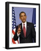 US President Barack Obama Speaking at a Media Conference at the NATO Summit in Strasbourg, France-null-Framed Photographic Print