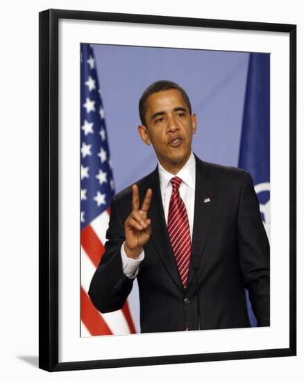 US President Barack Obama Speaking at a Media Conference at the NATO Summit in Strasbourg, France-null-Framed Photographic Print