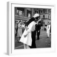 US Sailor Bending Young Nurse over His Arm to Give Her Passionate Kiss in Middle of Times Square-Victor Jorgensen-Framed Photographic Print