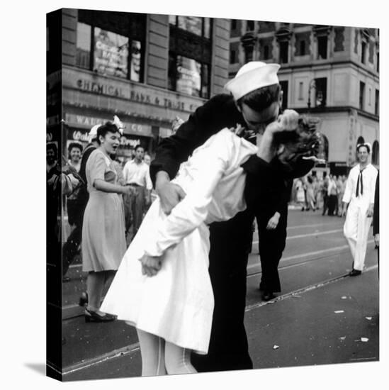 US Sailor Bending Young Nurse over His Arm to Give Her Passionate Kiss in Middle of Times Square-Victor Jorgensen-Stretched Canvas