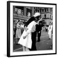 US Sailor Bending Young Nurse over His Arm to Give Her Passionate Kiss in Middle of Times Square-Victor Jorgensen-Framed Photographic Print