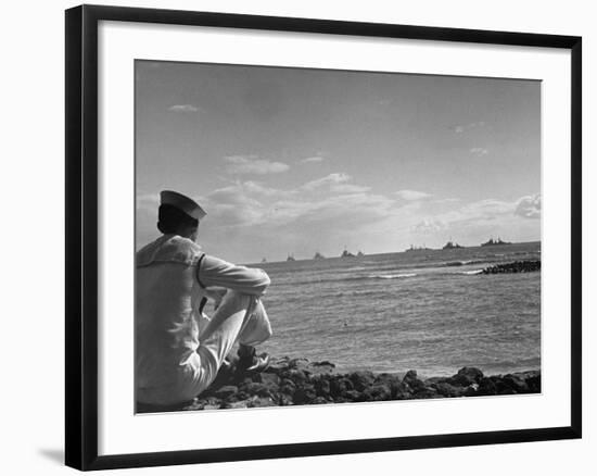 US Sailor Watching Navy Vessels on the Horizon-Carl Mydans-Framed Photographic Print