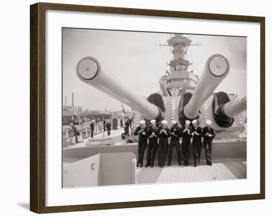 US Sailors Enjoying a Tub of Ice Cream after Their Ship the US Iowa Docks at Portsmouth, July 1955-null-Framed Photographic Print