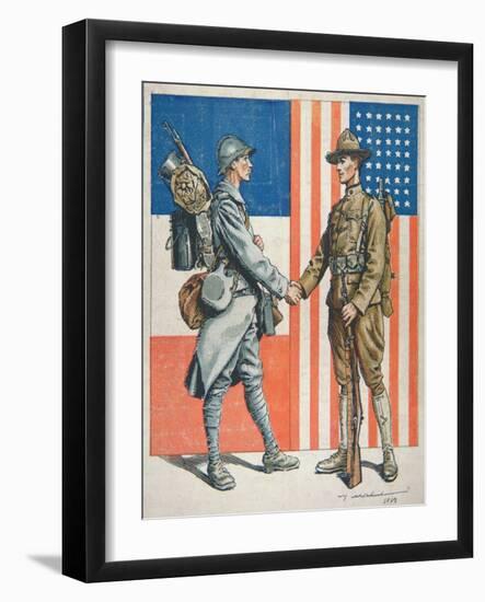 Us Soldier Shaking Hands with a French Soldier, America's Entry into World War One, 1919-null-Framed Giclee Print