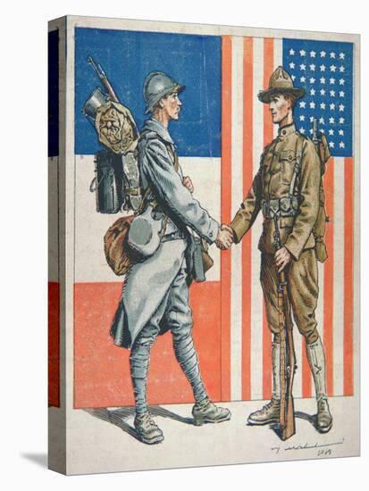 Us Soldier Shaking Hands with a French Soldier, America's Entry into World War One, 1919-null-Stretched Canvas
