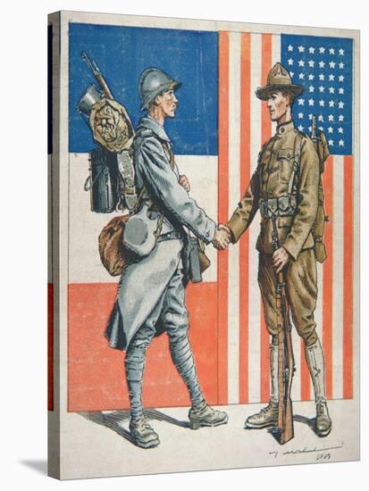 Us Soldier Shaking Hands with a French Soldier, America's Entry into World War One, 1919-null-Stretched Canvas