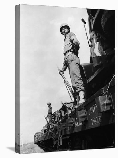 US Soldiers Standing Guard on a Troop Train-Myron Davis-Stretched Canvas