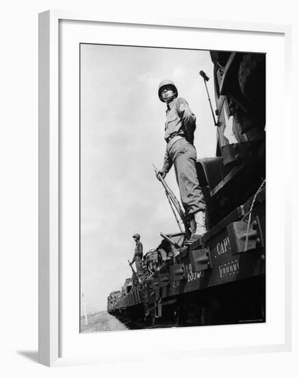 US Soldiers Standing Guard on a Troop Train-Myron Davis-Framed Photographic Print