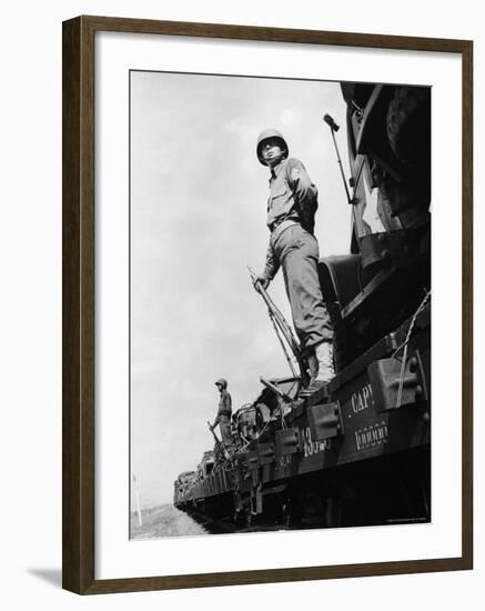 US Soldiers Standing Guard on a Troop Train-Myron Davis-Framed Photographic Print