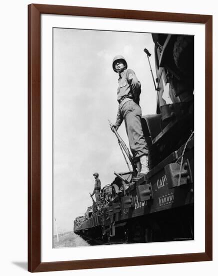 US Soldiers Standing Guard on a Troop Train-Myron Davis-Framed Photographic Print