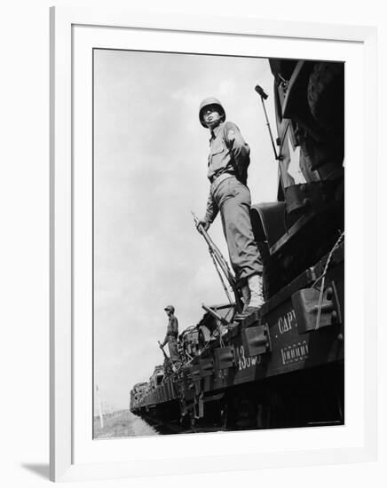 US Soldiers Standing Guard on a Troop Train-Myron Davis-Framed Photographic Print