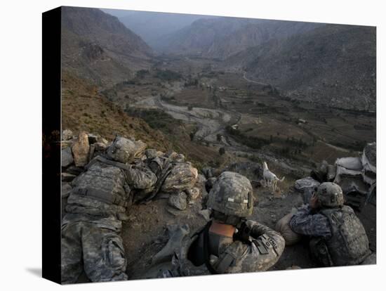 US Soldiers Take an Overwatch Position on a Mountain Top in the Pech Valley, Afghanistan-null-Stretched Canvas