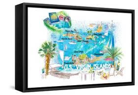 US Virgin Islands Illustrated Travel Map with Roads and Highlights-M. Bleichner-Framed Stretched Canvas