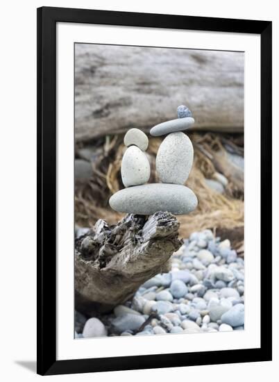 Us, Wa, Dungeness Spit. Rock Cairns on Driftwood-Trish Drury-Framed Photographic Print