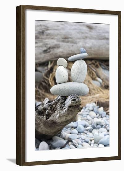 Us, Wa, Dungeness Spit. Rock Cairns on Driftwood-Trish Drury-Framed Photographic Print