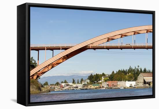 Us, Wa, La Conner. Rainbow Bridge Frames Entrance to Town on Swinomish Channel-Trish Drury-Framed Stretched Canvas