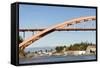 Us, Wa, La Conner. Rainbow Bridge Frames Entrance to Town on Swinomish Channel-Trish Drury-Framed Stretched Canvas