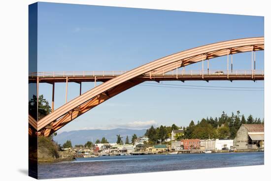 Us, Wa, La Conner. Rainbow Bridge Frames Entrance to Town on Swinomish Channel-Trish Drury-Stretched Canvas