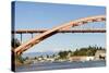 Us, Wa, La Conner. Rainbow Bridge Frames Entrance to Town on Swinomish Channel-Trish Drury-Stretched Canvas