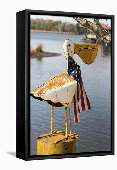 USA, Alabama. Whimsical pelican sculpture with American flag-Trish Drury-Framed Stretched Canvas