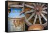 USA, Alaska. Antique milk can, wagon wheel and gold pan.-Jaynes Gallery-Framed Stretched Canvas