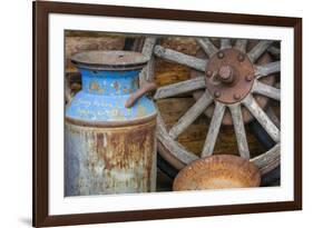 USA, Alaska. Antique milk can, wagon wheel and gold pan.-Jaynes Gallery-Framed Premium Photographic Print
