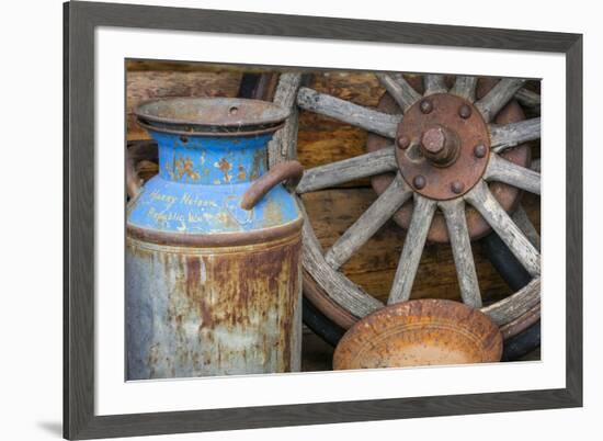 USA, Alaska. Antique milk can, wagon wheel and gold pan.-Jaynes Gallery-Framed Premium Photographic Print