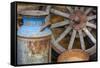 USA, Alaska. Antique milk can, wagon wheel and gold pan.-Jaynes Gallery-Framed Stretched Canvas