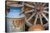 USA, Alaska. Antique milk can, wagon wheel and gold pan.-Jaynes Gallery-Stretched Canvas