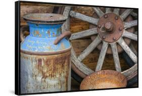 USA, Alaska. Antique milk can, wagon wheel and gold pan.-Jaynes Gallery-Framed Stretched Canvas