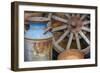 USA, Alaska. Antique milk can, wagon wheel and gold pan.-Jaynes Gallery-Framed Photographic Print