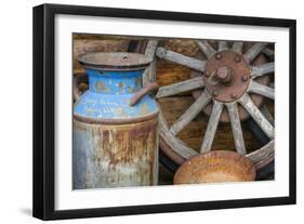 USA, Alaska. Antique milk can, wagon wheel and gold pan.-Jaynes Gallery-Framed Photographic Print