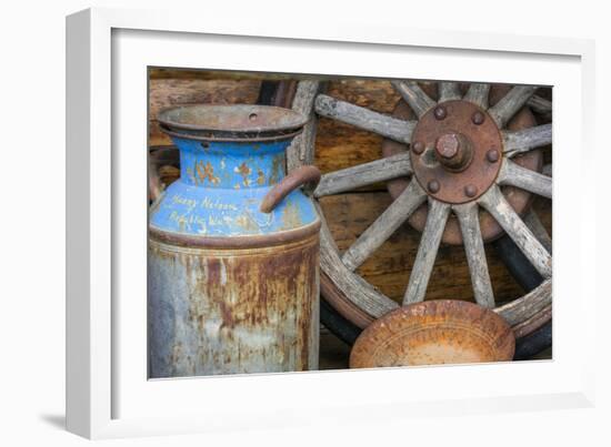 USA, Alaska. Antique milk can, wagon wheel and gold pan.-Jaynes Gallery-Framed Photographic Print