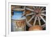 USA, Alaska. Antique milk can, wagon wheel and gold pan.-Jaynes Gallery-Framed Photographic Print