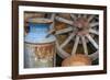 USA, Alaska. Antique milk can, wagon wheel and gold pan.-Jaynes Gallery-Framed Photographic Print