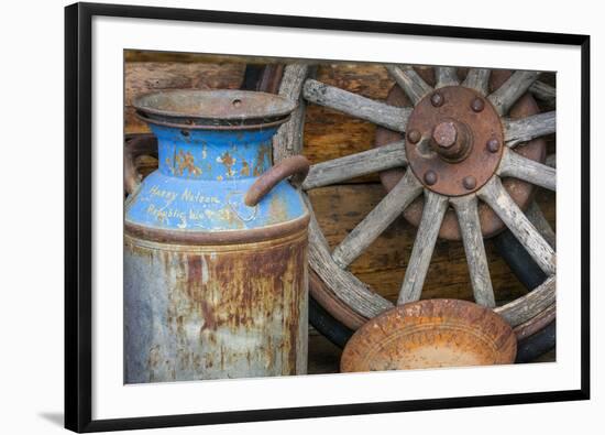 USA, Alaska. Antique milk can, wagon wheel and gold pan.-Jaynes Gallery-Framed Photographic Print