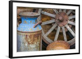 USA, Alaska. Antique milk can, wagon wheel and gold pan.-Jaynes Gallery-Framed Photographic Print