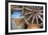 USA, Alaska. Antique milk can, wagon wheel and gold pan.-Jaynes Gallery-Framed Photographic Print