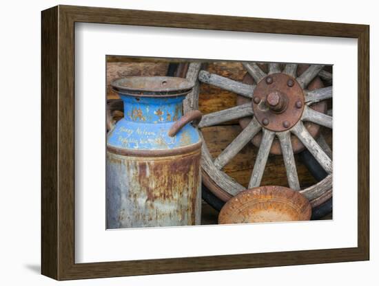 USA, Alaska. Antique milk can, wagon wheel and gold pan.-Jaynes Gallery-Framed Photographic Print